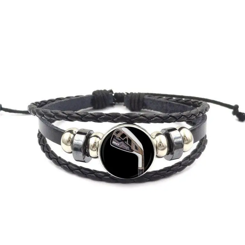 EJ Glaze Black Leather Bracelet Bangle Glass Cabochon Vintage Statement Fashion Jewelry For Men Women Gift Golf Player | Украшения и