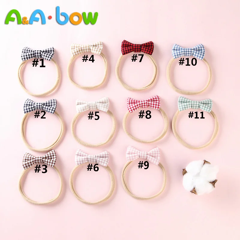 11 pcs/lot Baby Girls Plaid Hair Bow Nylon headband Hand Tied School Girl Headbands Soft Elastic Accessory | Детская одежда и