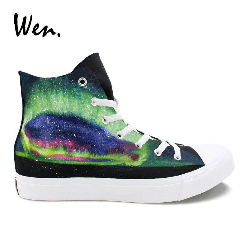 

Wen Original Design Colorful Aurora Hand Painted Athletic Shoes Black High Top Men Women's Canvas Skateboard Sneakers Plimsolls