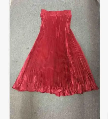 Red U-SWEAR Для женщин; сезон лето-осень; новые атласные длинная юбка Тюль металлические Цвет юбка миди юбки Высокая Талия металлик длинная Плиссированная юбка - Цвет: Red