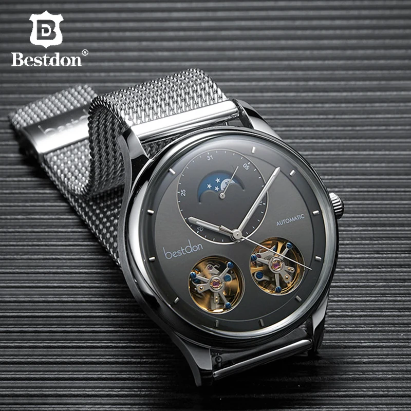 Bestdon Double Tourbillon Men's Watch Fashion Automatic Mechanical Watches Moon Phase Stainless Steel Switzerland Luxury Brand