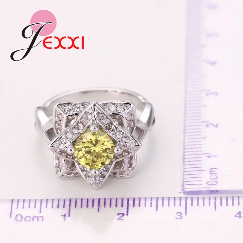 

Fashion Women Round 925 Sterling Silver Ring Yellow Cubic Zirconia Crystal Engagement Wedding Rings Female Bague Jewelry