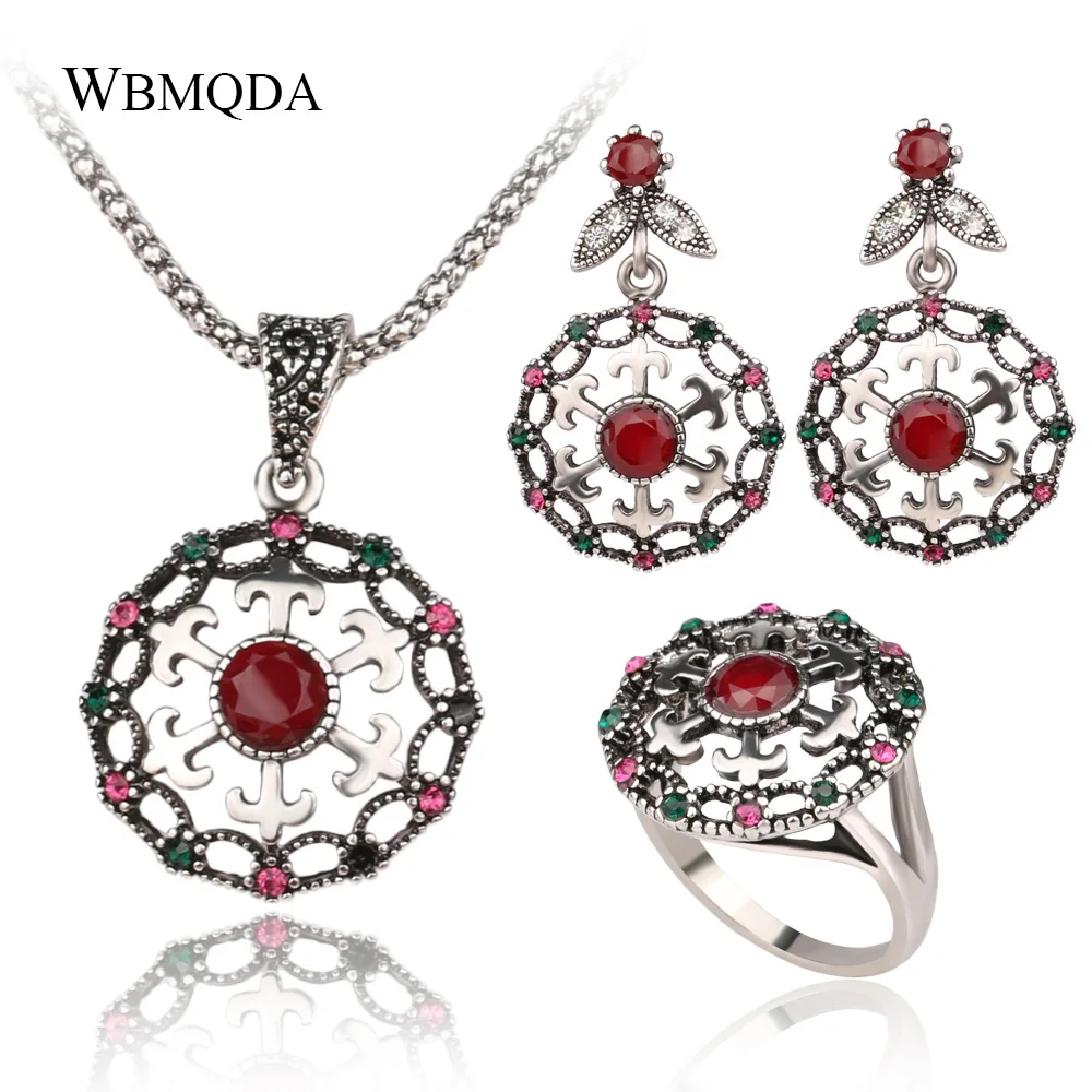 

3 Pcs/lot Luxury Silver Color Crystal Indian Jewelry Sets Vintage Anchors Ring Necklace Earrings For Women Gift Free Shipping