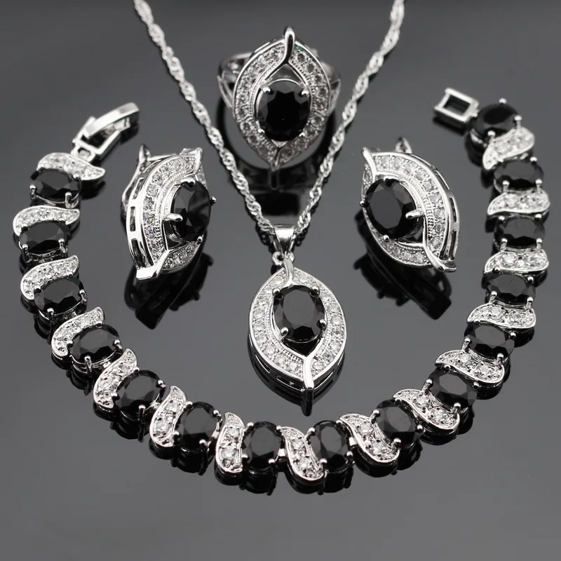 Женские наборы ювелирных изделий черные камни Белый CZ серебряный цвет серьги