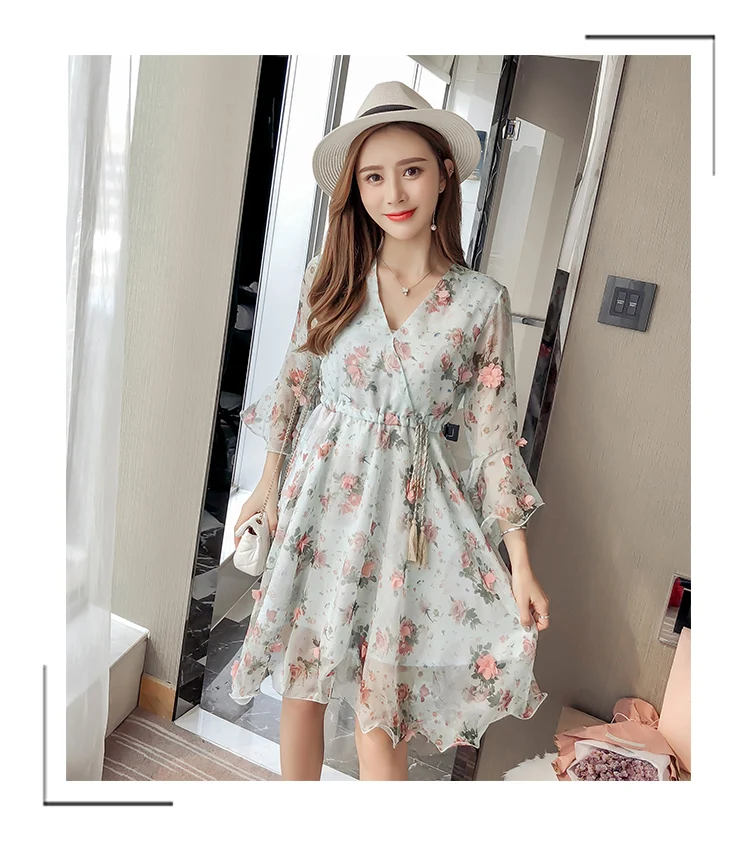 Женское элегантное шифоновое платье, лето, высокая эластичная талия, рукав с оборками, v-образный вырез, цветочный принт, платье для женщин, повседневное пляжное мини-платье