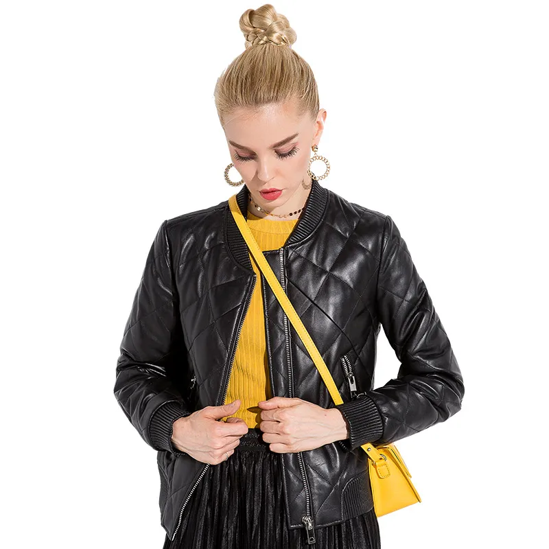 Куртка Женская бейсбольная из натуральной овечьей кожи мотоциклетный пиджак с