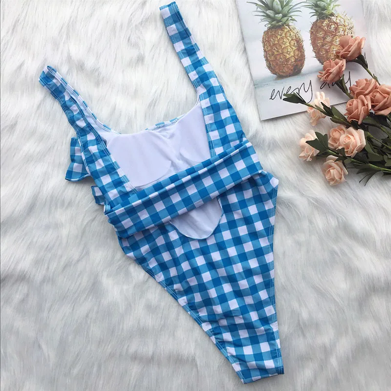 Sky Blue Plaid Women Bandage One Piece Swimsuits New Big Bow Waist Straps Maillot de bain Backless High Bathing Suit S08 | Спорт и