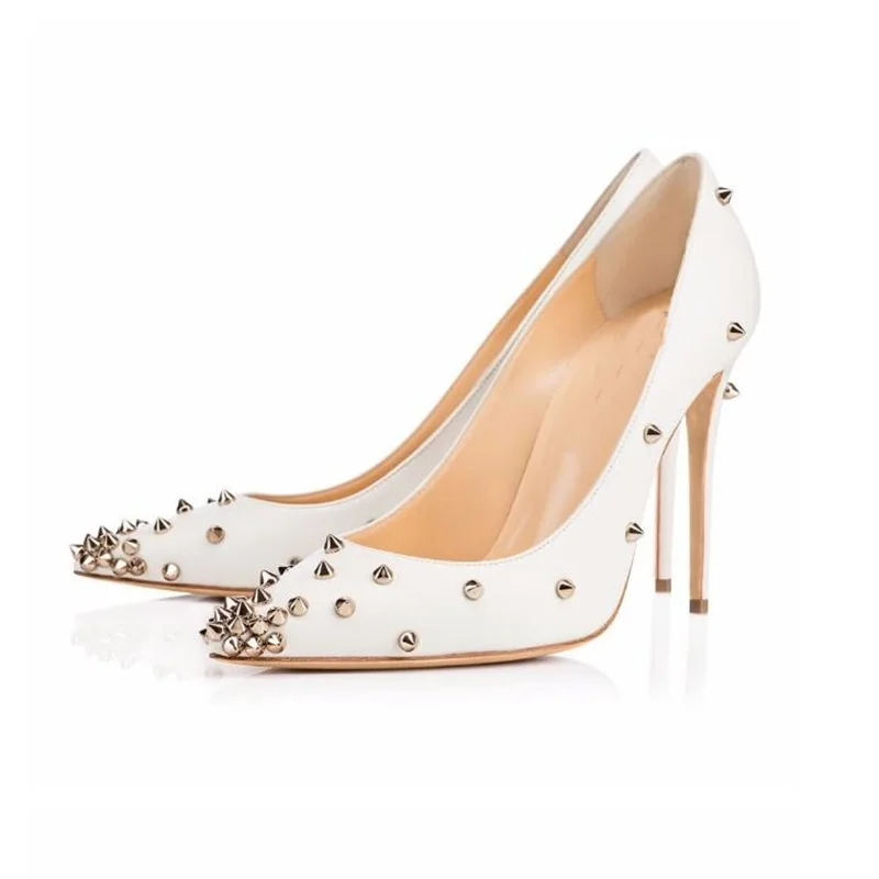 

2018 Fahsion Woman Dress Stock Pumps Shoes Pointed Toe Gold Rivets Studded White Pumps 12 CM or 10 CM High Heels Ladies Shoe