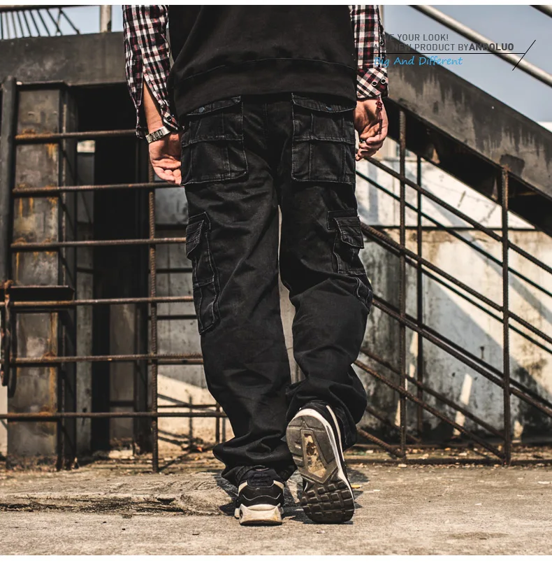

Japanese Style Mens Hip Hop Baggy Jeans Multi Pockets Men Casual Loose Fit Black Cargo Jeans Plus Size Denim Pants 42 44 46