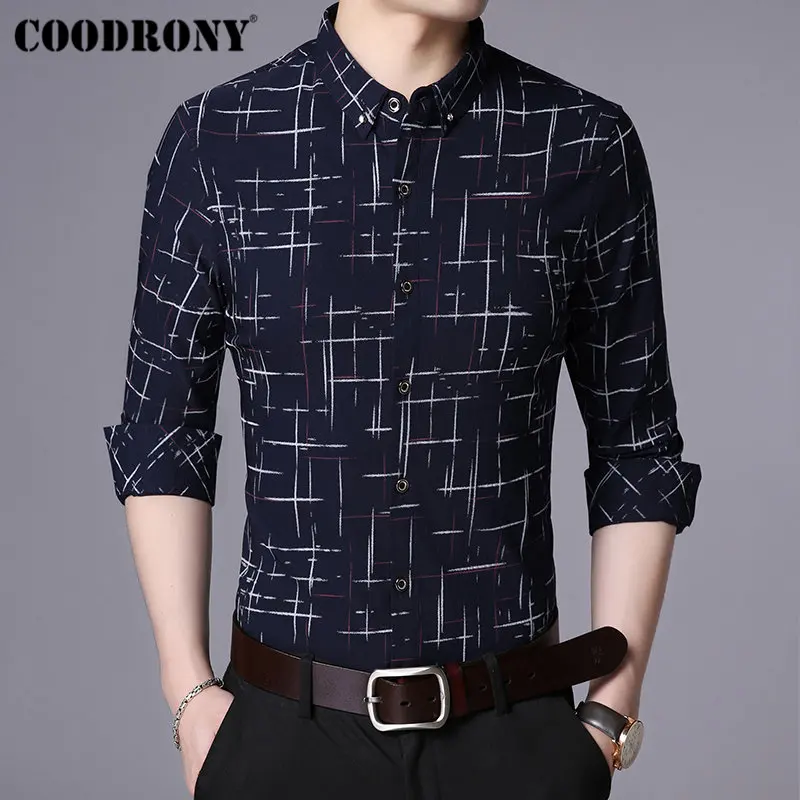 Тёмно-синий COODRONY, мужская рубашка, осень, Новое поступление, модная, в полоску, с длинным рукавом, хлопок, мужская рубашка, Бизнес Стиль, повседневные рубашки, Camisa Masculina 96030 - Цвет: Тёмно-синий