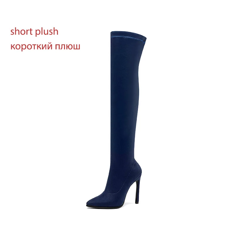 WETKISS/леопардовые эластичные флоковые сапоги на шпильке; женские высокие сапоги до бедра; женская обувь для вечеринок; Женская эластичная обувь; зимняя обувь - Цвет: blue thin fur