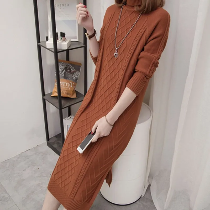 New Fashion Autumn Winter Women Knitting Middle Long Dresses Female Turtleneck Long Sleeve Warm Thick Dresses Pullovers F15 - Цвет: jiao tang se