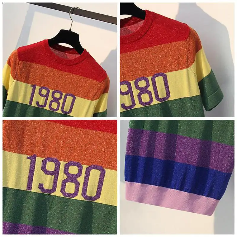 Lurex Rainbow Color Sweaters For Women 2020 Summer O-neck Short Sleeve Female Pullovers Knitting Tees Ladies Tops Knitted Shirts | Женская