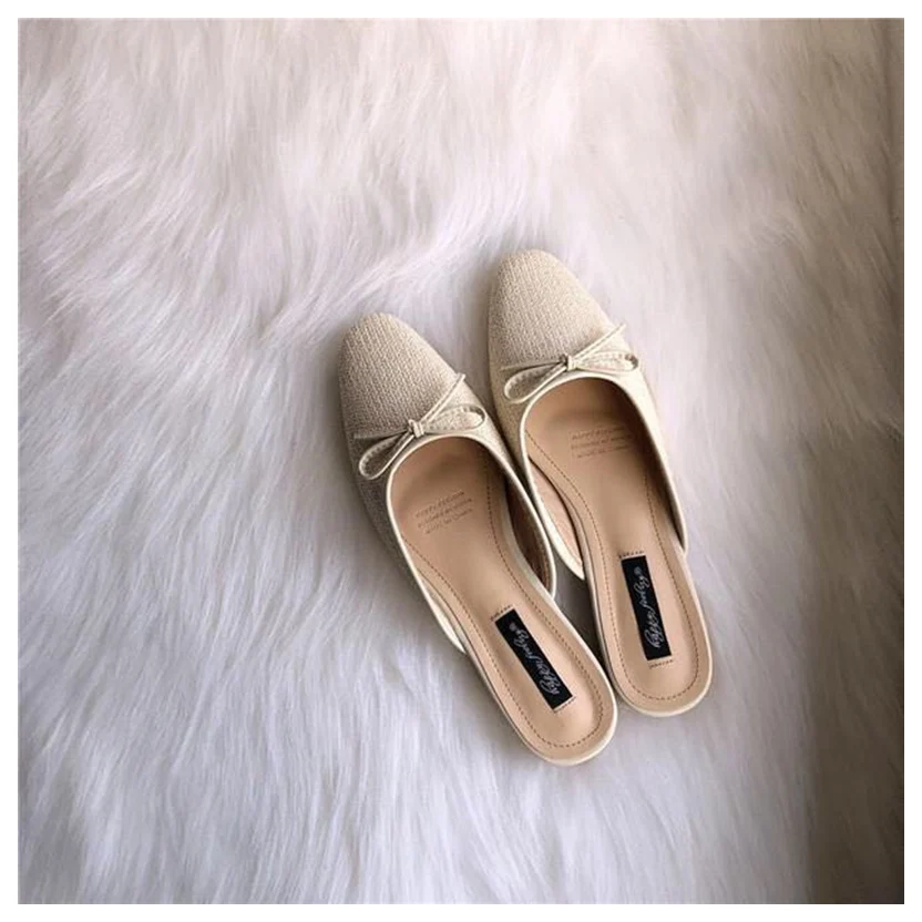 bow slipper Новинка года; Летняя обувь; женские слипоны; повседневные туфли без задника на плоской подошве; плетеная обувь; пляжные шлепанцы; Sandalias Mujer; - Цвет: bow slipper