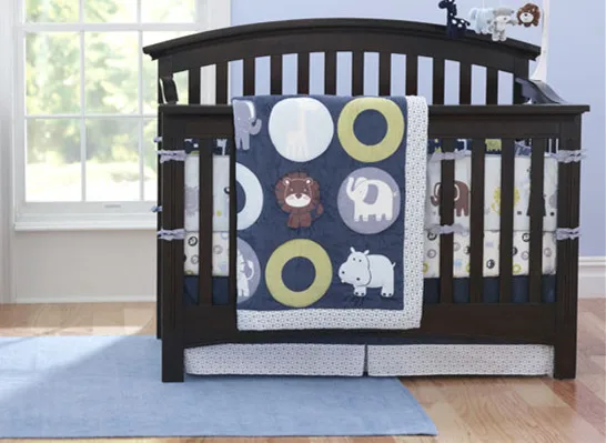 

7PCS embroidery Cot Bedding Set kit de berço Cotton Crib Bedding for Children ,include(bumper+duvet+bed cover+bed skirt)