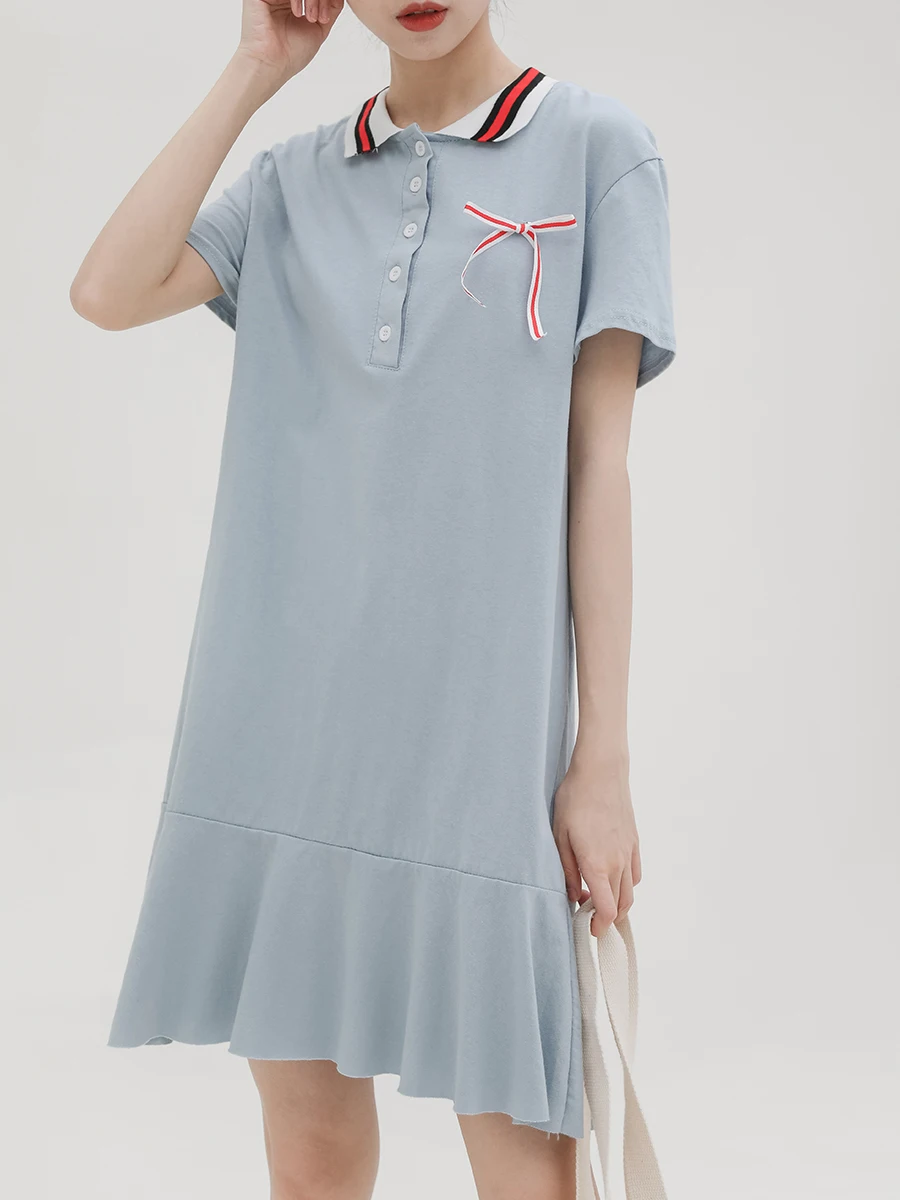 Милое женское платье с отложным воротником и бантом Платье поло на пуговицах