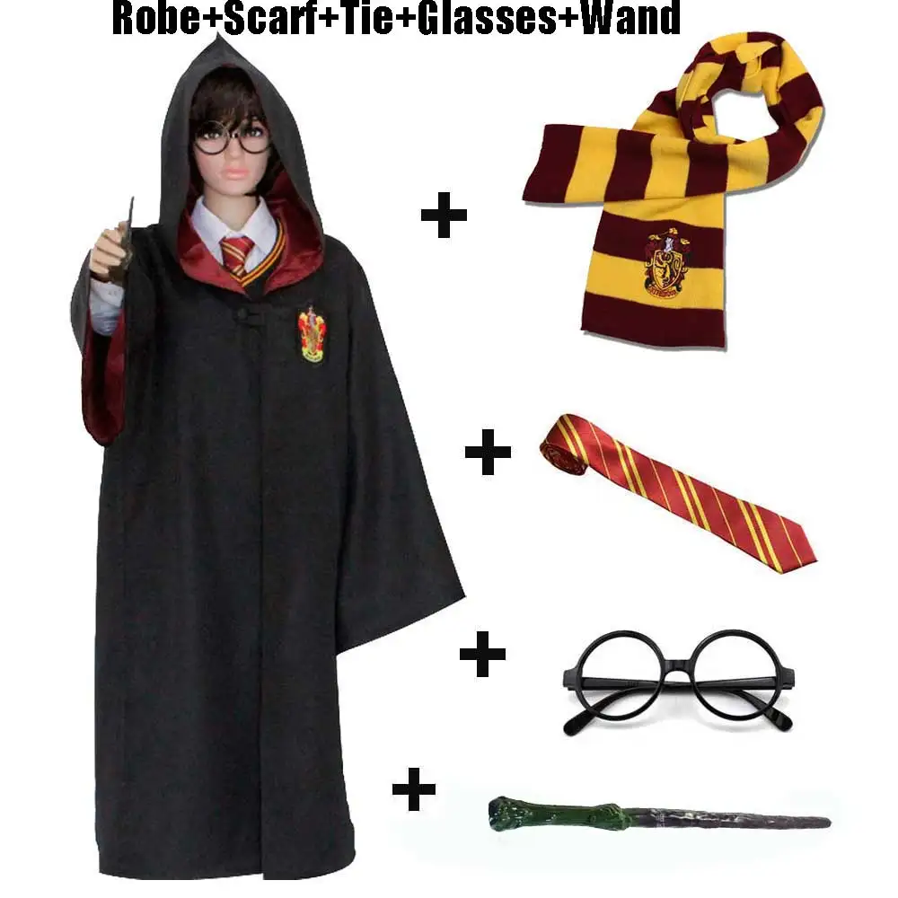 5pcs 01 Детский костюм Слизерин для взрослых Ravenclaw Gryffindor Hufflepuff, Волшебная Одежда, плащ, шарф, галстук, палочка, очки, набор - Цвет: 5pcs 01