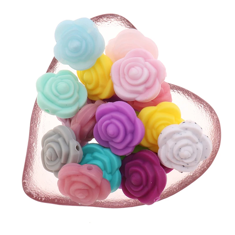 

BPA Free 50pcs 21mm Silicone Mini Flower Teether Beads Rose Baby Teething Necklace DIY Infant Biting Nipple Pacifier Clip Chain