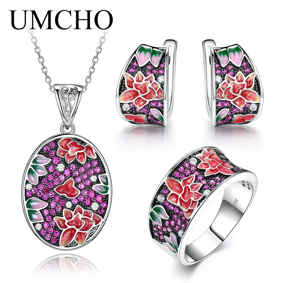 UMCHO ladies silver jewelry set earrings ring necklace white CZ handmade  plant flowers pure 925 sterling silver exquisite fashi