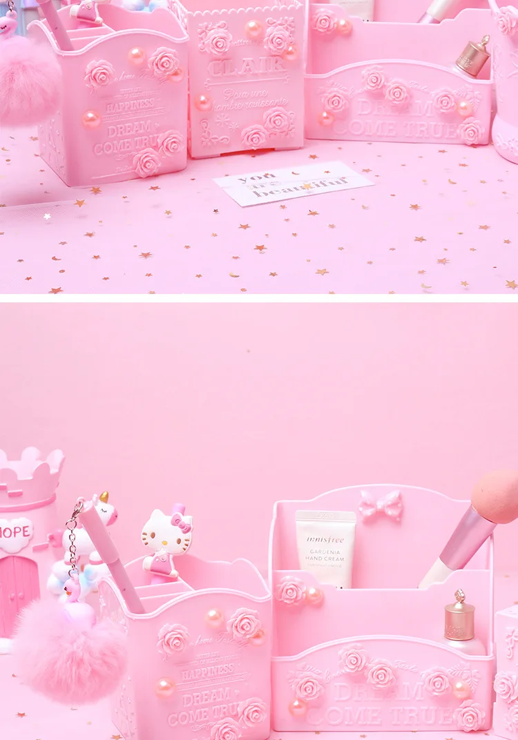 Pink Carve Cosmetic Brush Storage Box Holder Makeup Skin Care Rack Mobile Phone Stationery Organizer Container Pencil Bucket Bin