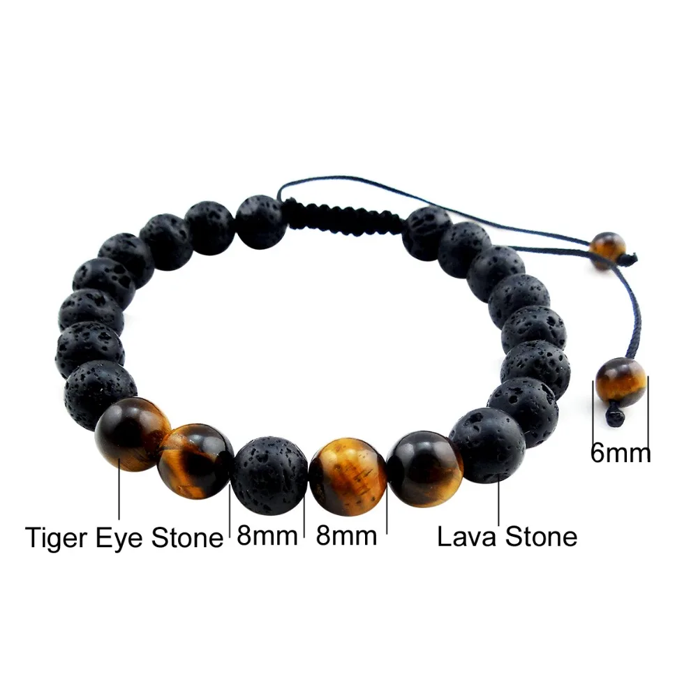 Регулируемый браслет из глины тигровый глаз 8 мм с диффузором лавового эфирного