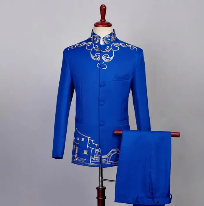 

Singer embroidery Chinese tunic suit men groom suit set with pants 2020 mens wedding suits costume stand collar formal dress