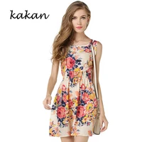 kakan summer new hot womens floral chiffon dress large size print sleeveless short dress casual waist dress s 2xl