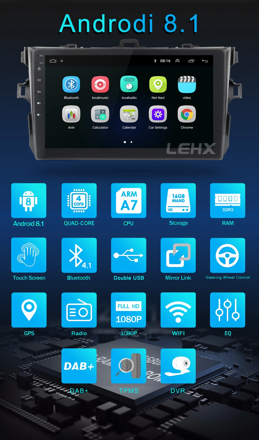 LEHX автомобиль радио Android 8,1 мультимедийный плеер для Защитные чехлы для сидений, сшитые специально для Toyota Corolla E140/150 2006 2007-2009 2010 2011 2012 2013 WI-FI gps навигации