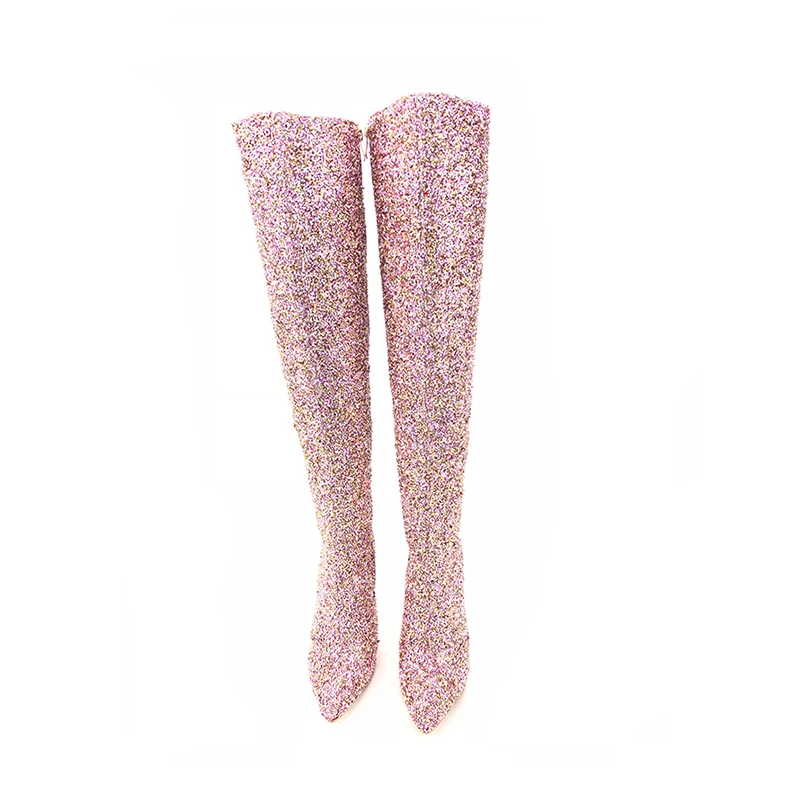 Вечерние модные женские сапоги ISNOM обувь с острым носком и блестками тканевые