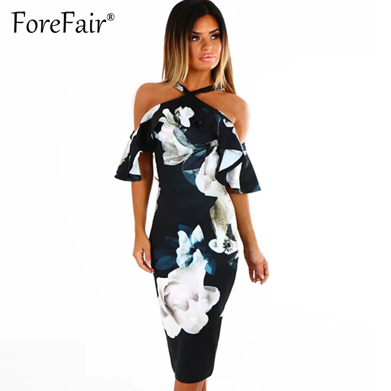 Forefair летнее платье 2018 Новые цветочные печати шлейки с открытыми плечами платья