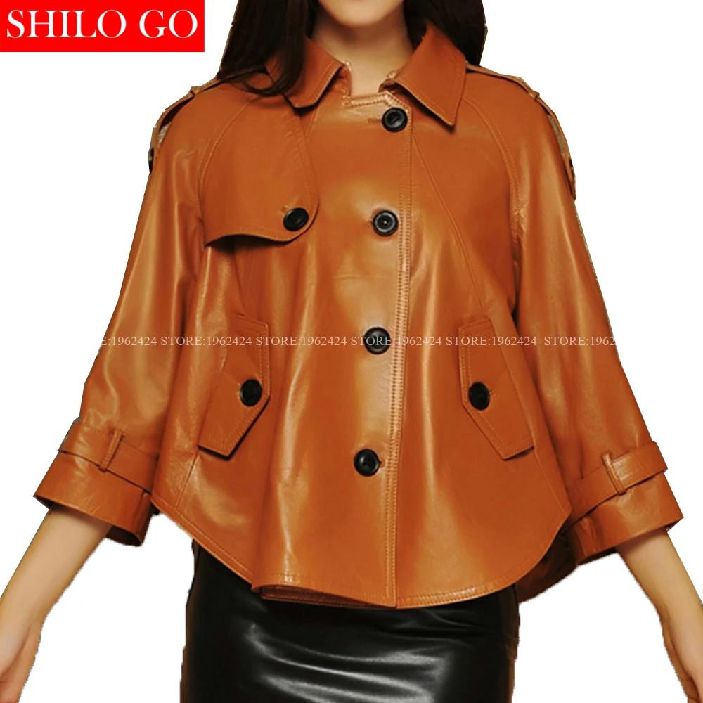 Plus size new fashion women high quality Sheep skin Lapel single breasted pocket Candy color loose genuine leather skirt jacket | Женская
