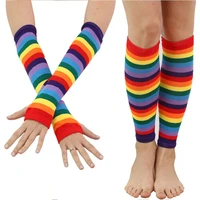 women jacquard knitted cotton sunscreen arm sleeve fingerless gloves rainbow striped printed colorful thigh high leg warmer