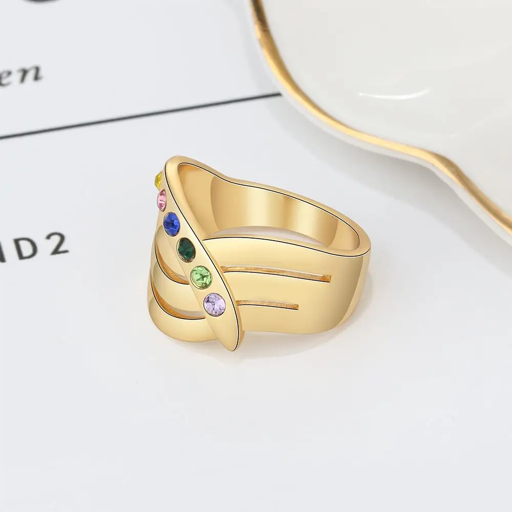 

Personalized Gift 925 Sterling Silver Ring Engraved Name Multilayer Ring with 12 Month Birthstone Birthday Jewelry(Lam Hub Fong)