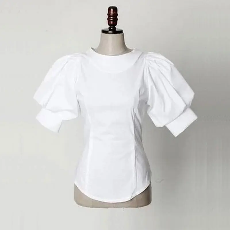 Vintage Puff Lantern Sleeve Shirt  Womens Casual Back Buttons O-Neck Loose Short Sleeve Tops Ladies Cotton White Blouse