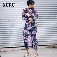 xuru autumn long sleeve women dress floral printed see through mesh long bodycon dresses streetwear casual plus size dress xxxl