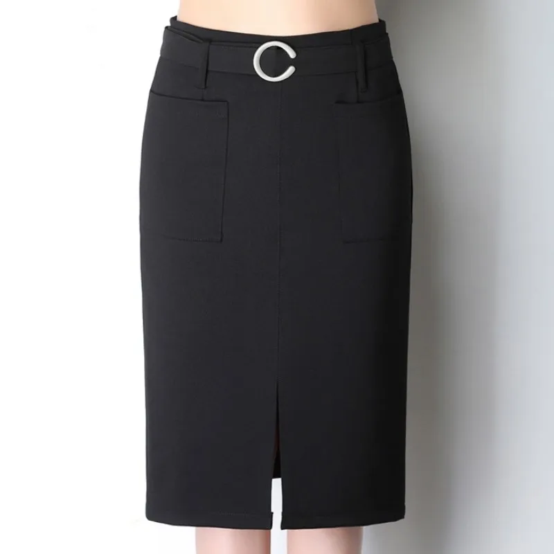 

Spring New High Waist Large Size Straight Skirts Women Sashes Knee-Length Casual Skirts Solid Pocket Fashion Sexy Bottoms