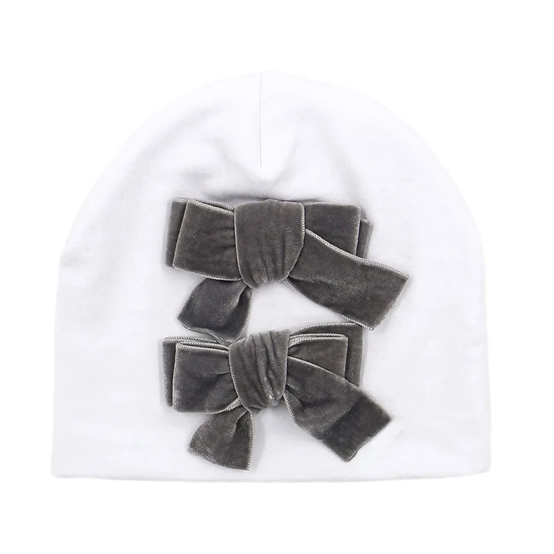 white-gray bow GZHilovingL/вельветовые шляпы с бантами для новорожденных девочек и мальчиков; шапочка; коллекция года; сезон весна-зима; хлопковая мягкая шапочка; шапки для маленьких детей - Цвет: white-gray bow