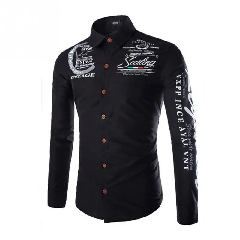 Модные Для мужчин рубашка с длинными рукавами отложной воротник буквы Футболка