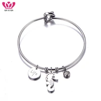 cute silver color seahorse bangle round crystal beads bracelet women stainless steel bangle jewelry girlfriend gift pulseiras