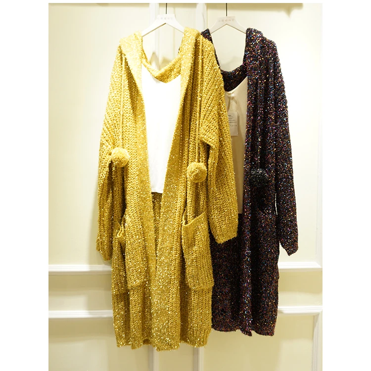 Cakucool Women Gold Lurex Open Stitch Bling Sequins Long Cardigan Loose Korean Hooded Sweater Knit Coat Outerwear Female Plus |