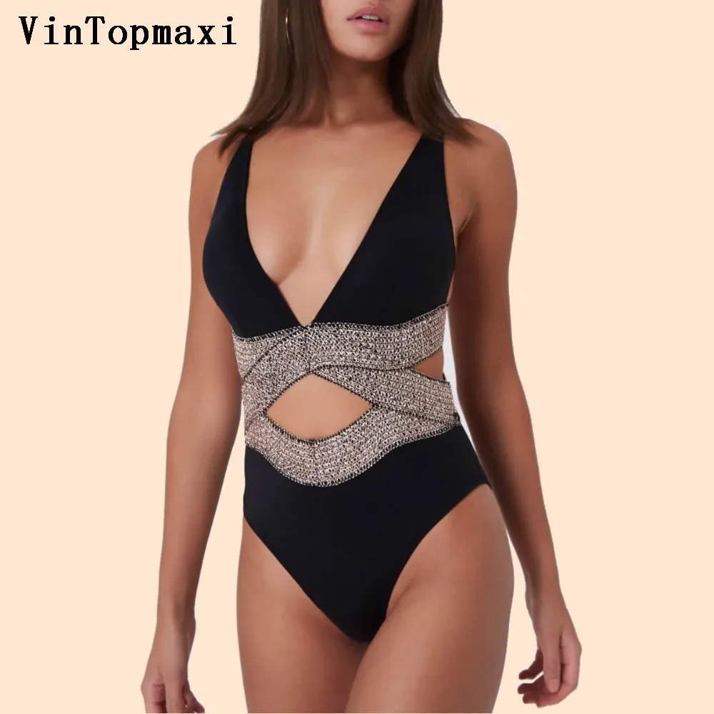 Монокини с глубоким v образным вырезом 2018 золотой пояс женский купальник