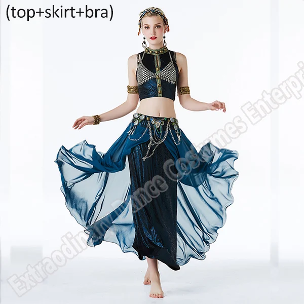turquoise 3pcs New Women Gypsy Top Belly Dance ATS Tribal Costume Suit Set Bra Top Skirt Bead Gypsy Dress Stage Performance Tribal - Цвет: turquoise 3pcs