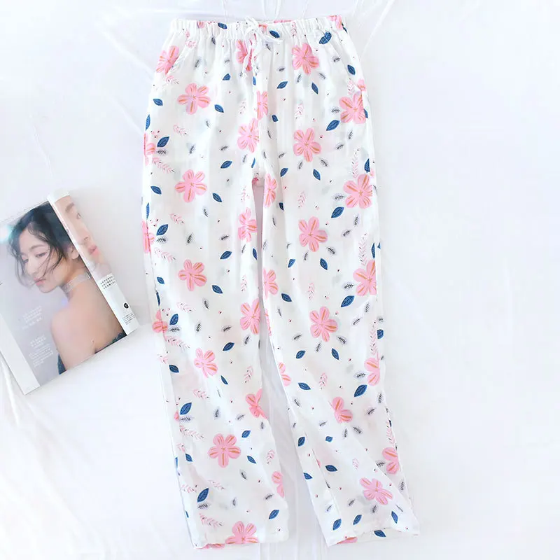 

2019 Plus Size Loose Cotton Gauze Sleep Wear for Women Length Long Pajama Bottom Floral Lounge Shorts Elastic Waist Pijama Pants