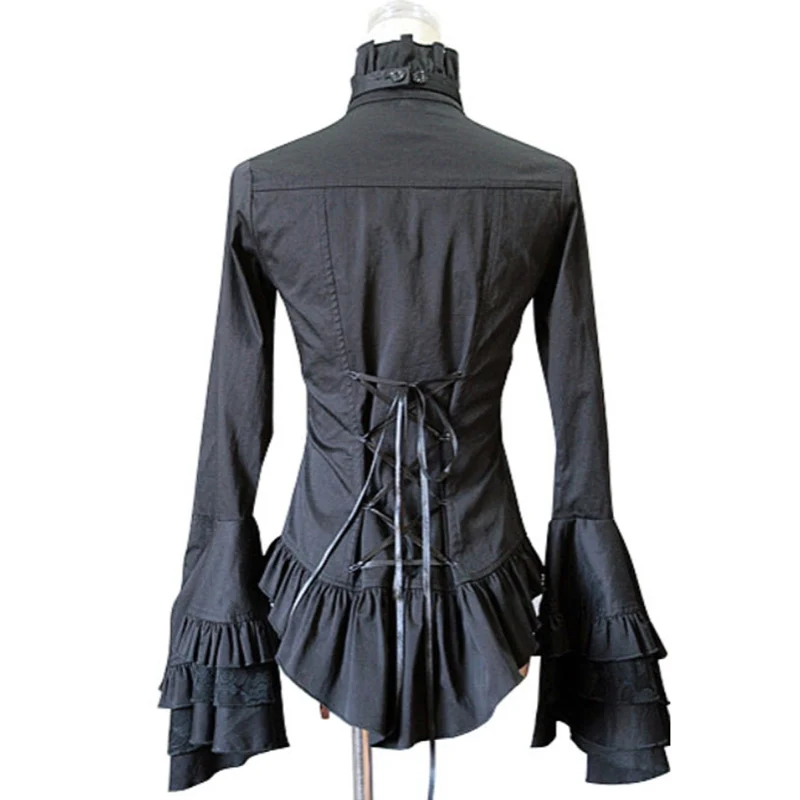 Черная кружевная блузка с длинным рукавом и воротником-стойкой шифоновые блузки