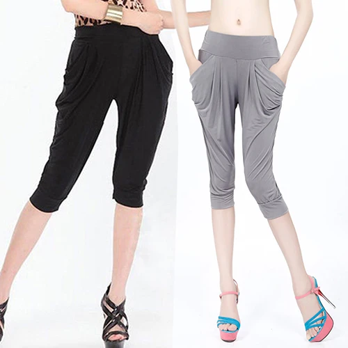 Женские летние свободные шаровары яркого цвета эластичные укороченные брюки с