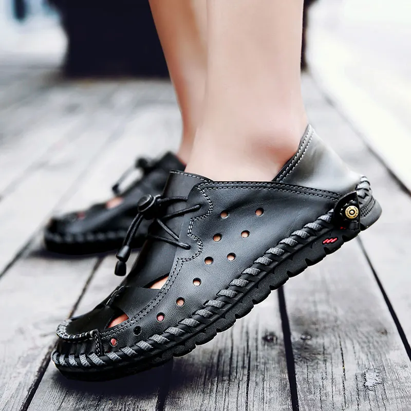 

Handmade Leather Shoe black color Casual Men Shoes Soft Man Flats Moccasin Breathable male summer