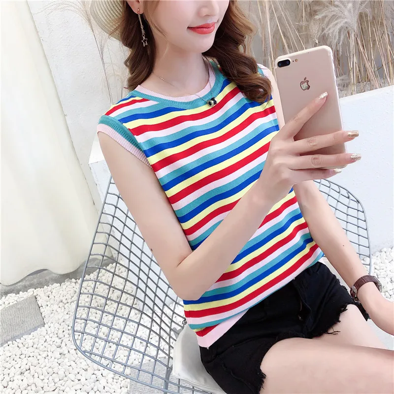 Will the new rainbow color stripe vest knitted elastic unlined upper garment of cool and refreshing summer wear | Женская одежда