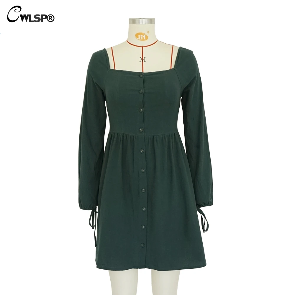 

CWLSP NEW Fashion Dress Women Tie Up Side Sexy Single Breasted Square Neck Causal Vestido Women Summer Dress 2018 QZ2929