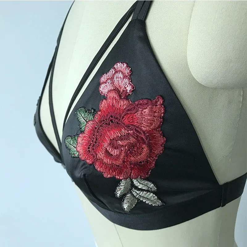 Пикантные атласные Черный Push Up Bra Для женщин белье Вышивка Strappy Глубокий V Wirefree