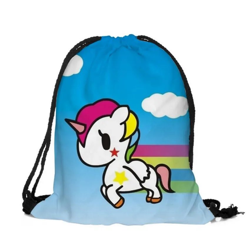 M448 3D цифровая печать мультфильм Единорог сумка Drawstring Рюкзак Monolayer тонкая секция